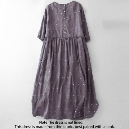 Buddha Stones Back Button Dot Pattern Half Sleeve Cotton Linen Midi Dress With Pockets