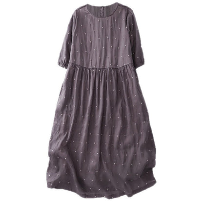 Buddha Stones Back Button Dot Pattern Half Sleeve Cotton Linen Midi Dress With Pockets