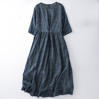 Buddha Stones Back Button Dot Pattern Half Sleeve Cotton Linen Midi Dress With Pockets