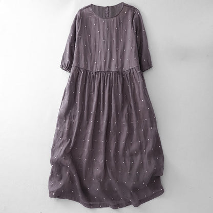 Buddha Stones Back Button Dot Pattern Half Sleeve Cotton Linen Midi Dress With Pockets