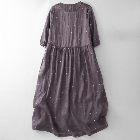 Buddha Stones Back Button Dot Pattern Half Sleeve Cotton Linen Midi Dress With Pockets