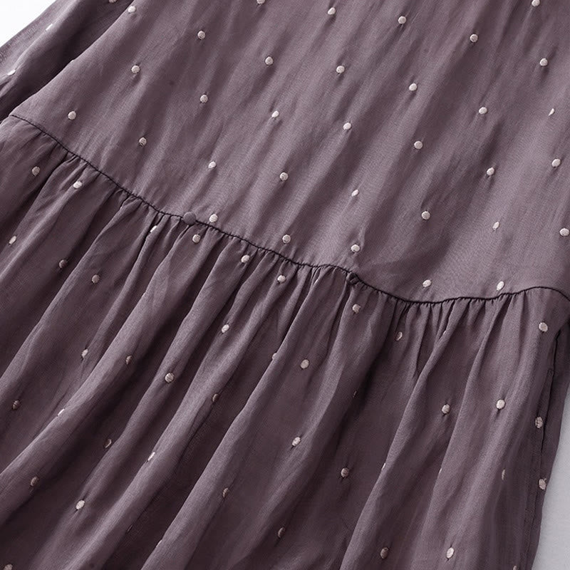 Buddha Stones Back Button Dot Pattern Half Sleeve Cotton Linen Midi Dress With Pockets