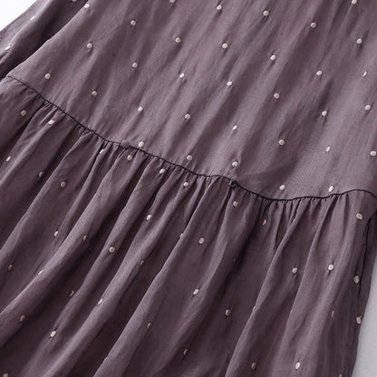 Buddha Stones Back Button Dot Pattern Half Sleeve Cotton Linen Midi Dress With Pockets