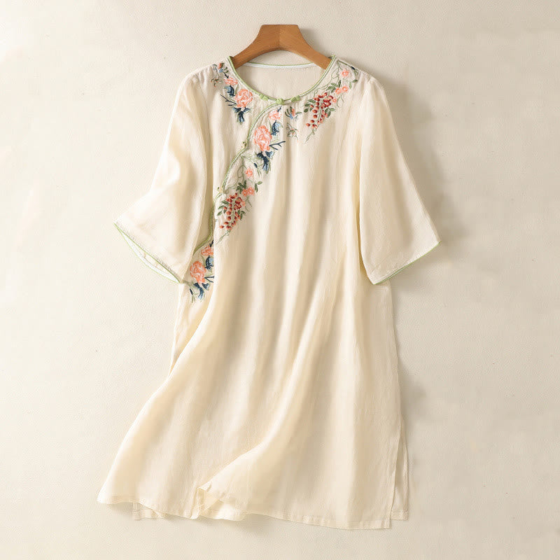 Buddha Stones Embroidery Flower Hem Slit Design Half Sleeve Cotton Linen Zen Midi Dress