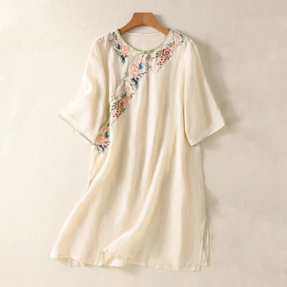 Buddha Stones Embroidery Flower Hem Slit Design Half Sleeve Cotton Linen Zen Midi Dress