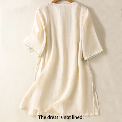 Buddha Stones Embroidery Flower Hem Slit Design Half Sleeve Cotton Linen Zen Midi Dress