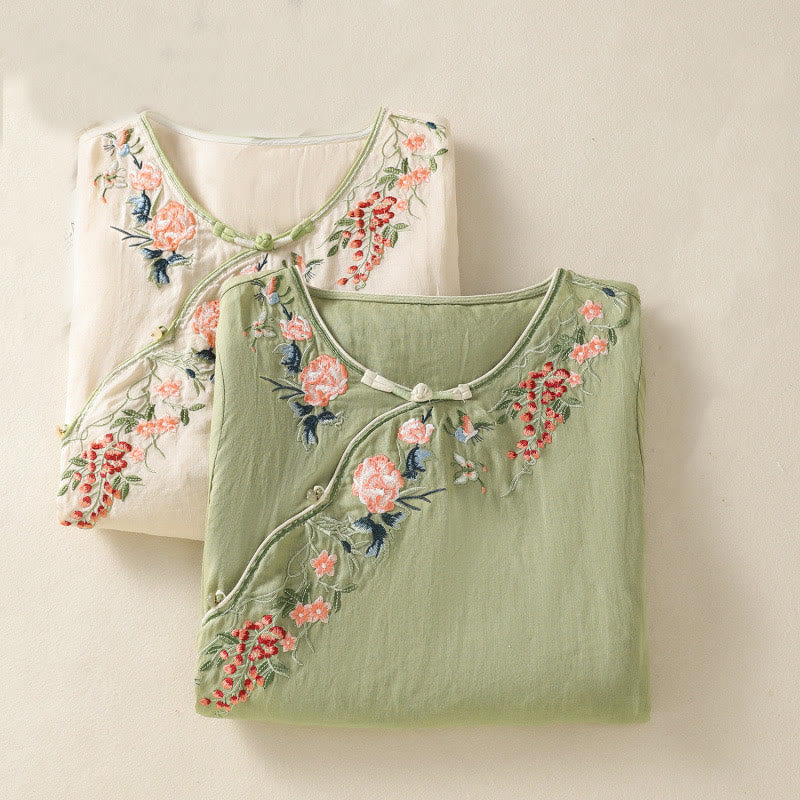 Buddha Stones Embroidery Flower Hem Slit Design Half Sleeve Cotton Linen Zen Midi Dress