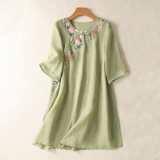 Buddha Stones Embroidery Flower Hem Slit Design Half Sleeve Cotton Linen Zen Midi Dress