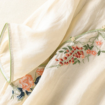 Buddha Stones Embroidery Flower Hem Slit Design Half Sleeve Cotton Linen Zen Midi Dress