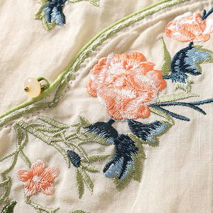 Buddha Stones Embroidery Flower Hem Slit Design Half Sleeve Cotton Linen Zen Midi Dress