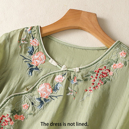 Buddha Stones Embroidery Flower Hem Slit Design Half Sleeve Cotton Linen Zen Midi Dress