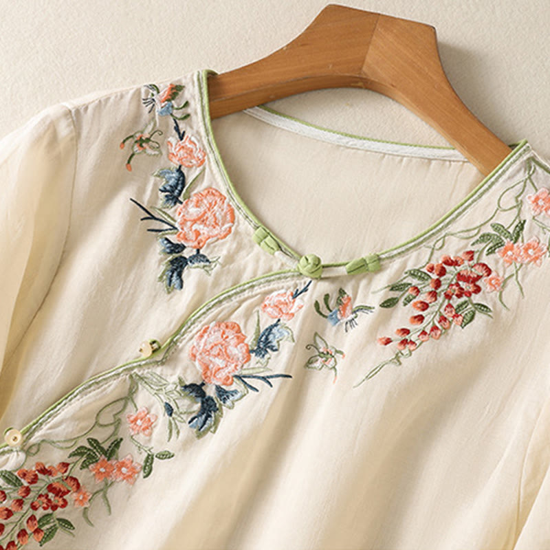 Buddha Stones Embroidery Flower Hem Slit Design Half Sleeve Cotton Linen Zen Midi Dress