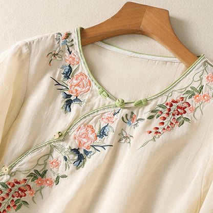 Buddha Stones Embroidery Flower Hem Slit Design Half Sleeve Cotton Linen Zen Midi Dress