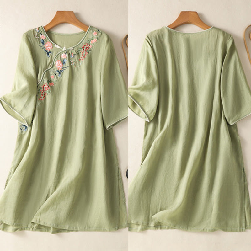 Buddha Stones Embroidery Flower Hem Slit Design Half Sleeve Cotton Linen Zen Midi Dress