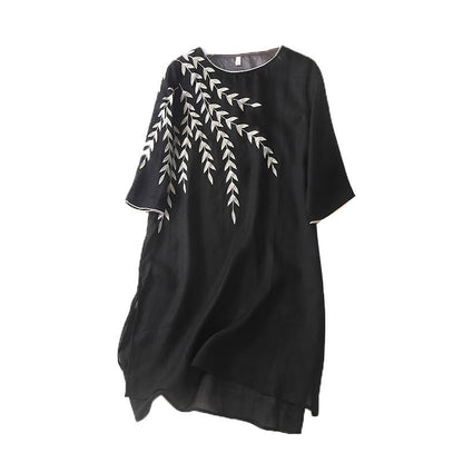 Buddha Stones Casual Embroidery Split Three Quarter Sleeve Cotton Linen Midi Dress
