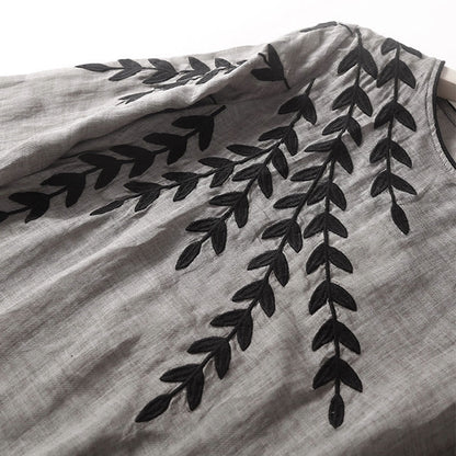 Buddha Stones Casual Embroidery Split Three Quarter Sleeve Cotton Linen Midi Dress