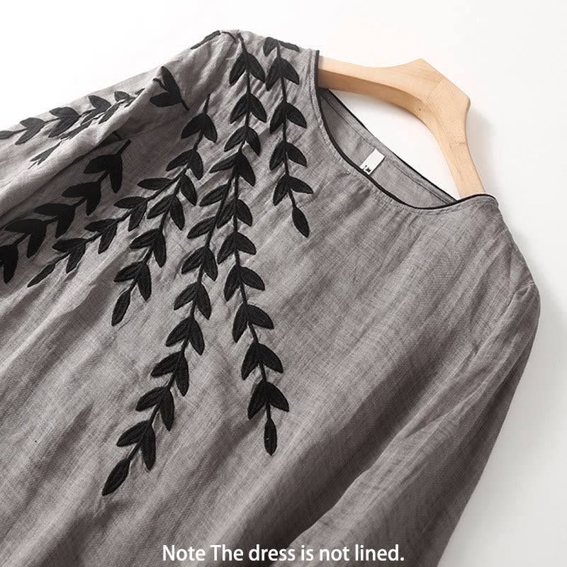 Buddha Stones Casual Embroidery Split Three Quarter Sleeve Cotton Linen Midi Dress