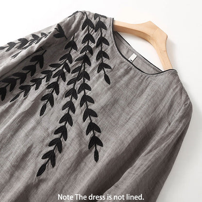 Buddha Stones Casual Embroidery Split Three Quarter Sleeve Cotton Linen Midi Dress