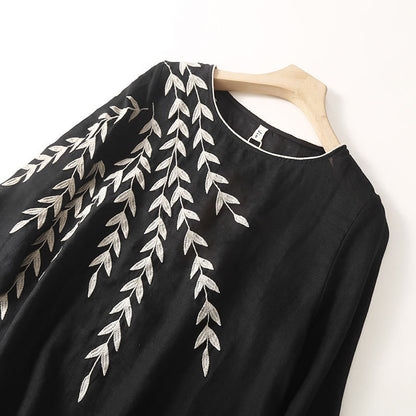 Buddha Stones Casual Embroidery Split Three Quarter Sleeve Cotton Linen Midi Dress