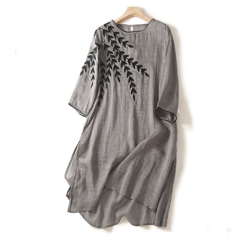 Buddha Stones Casual Embroidery Split Three Quarter Sleeve Cotton Linen Midi Dress