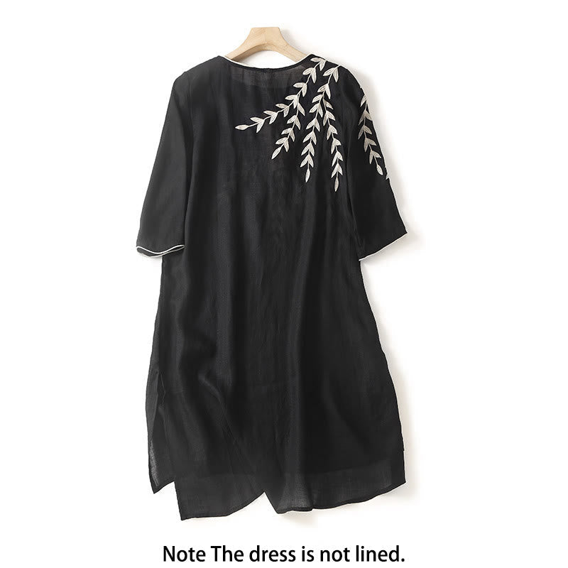 Buddha Stones Casual Embroidery Split Three Quarter Sleeve Cotton Linen Midi Dress