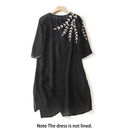 Buddha Stones Casual Embroidery Split Three Quarter Sleeve Cotton Linen Midi Dress
