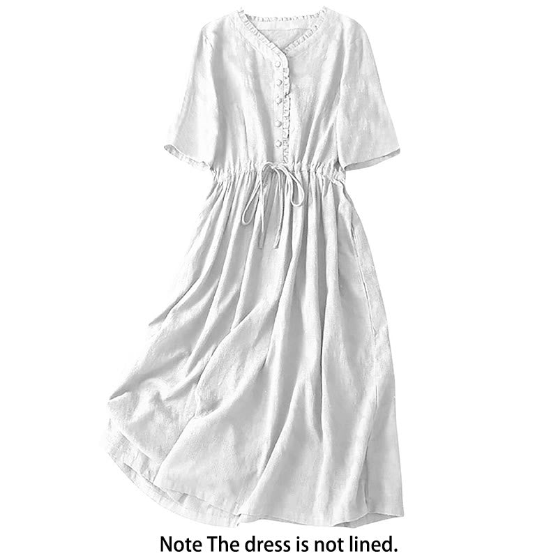 Buddha Stones Summer Jacquard Drawstring Pleated Design Cotton Linen Midi Dress With Pockets