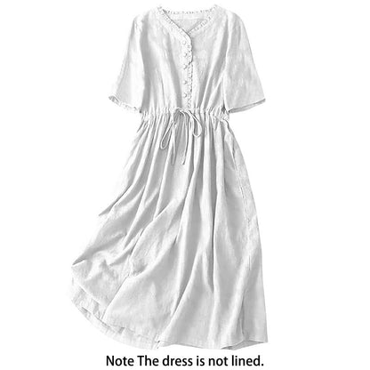 Buddha Stones Summer Jacquard Drawstring Pleated Design Cotton Linen Midi Dress With Pockets
