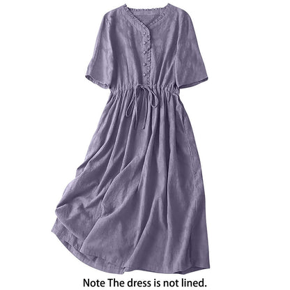 Buddha Stones Summer Jacquard Drawstring Pleated Design Cotton Linen Midi Dress With Pockets