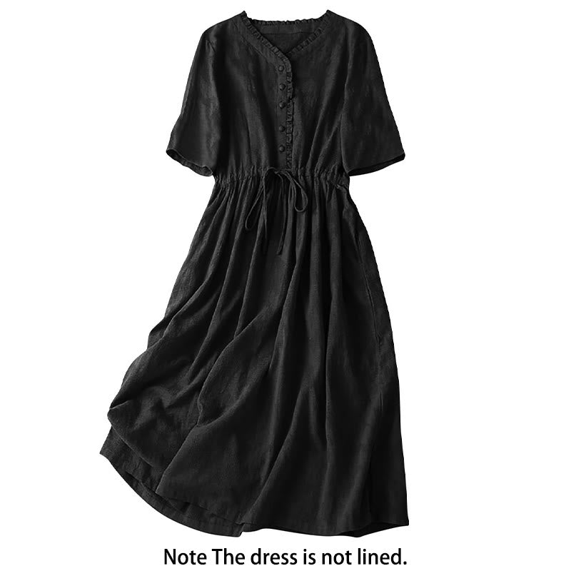 Buddha Stones Summer Jacquard Drawstring Pleated Design Cotton Linen Midi Dress With Pockets