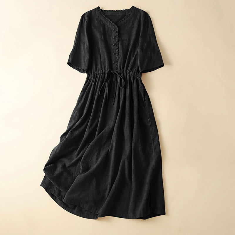 Buddha Stones Summer Jacquard Drawstring Pleated Design Cotton Linen Midi Dress With Pockets