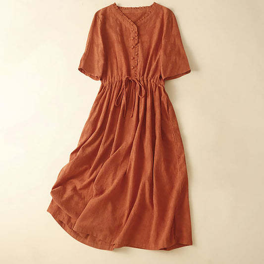 Buddha Stones Summer Jacquard Drawstring Pleated Design Cotton Linen Midi Dress With Pockets