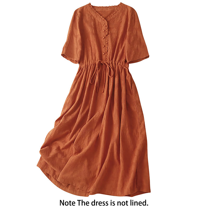 Buddha Stones Summer Jacquard Drawstring Pleated Design Cotton Linen Midi Dress With Pockets