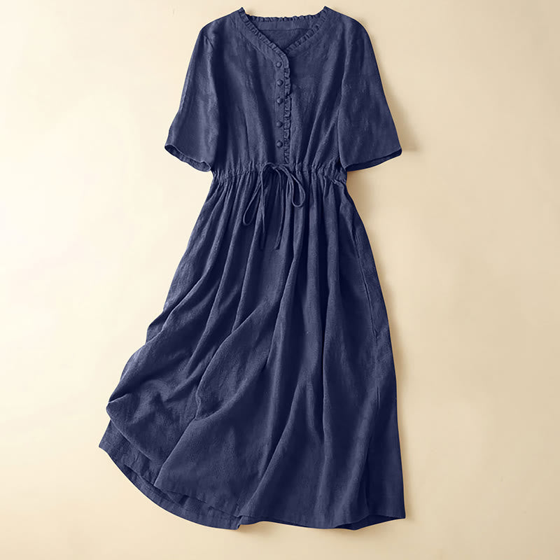 Buddha Stones Summer Jacquard Drawstring Pleated Design Cotton Linen Midi Dress With Pockets