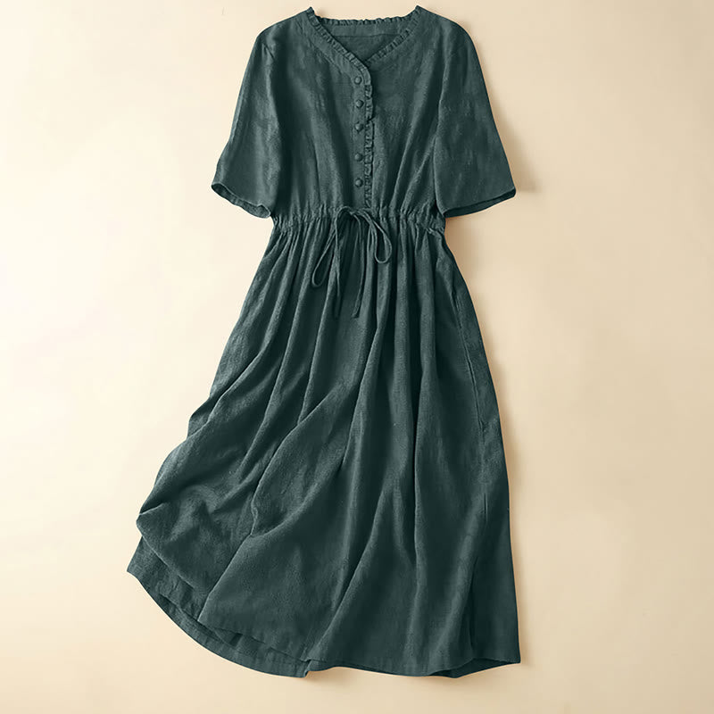 Buddha Stones Summer Jacquard Drawstring Pleated Design Cotton Linen Midi Dress With Pockets