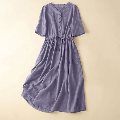 Buddha Stones Summer Jacquard Drawstring Pleated Design Cotton Linen Midi Dress With Pockets