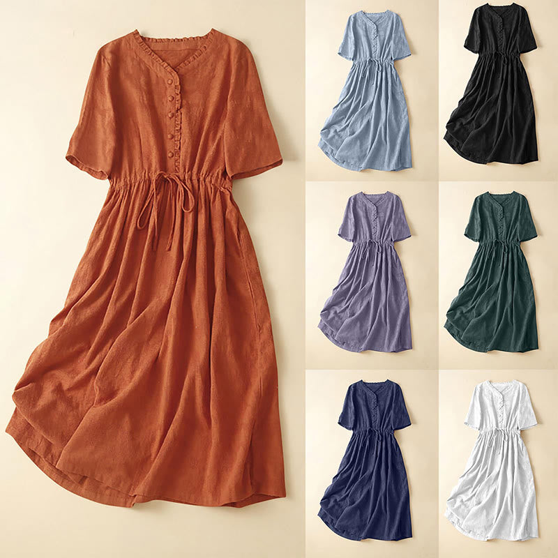 Buddha Stones Summer Jacquard Drawstring Pleated Design Cotton Linen Midi Dress With Pockets