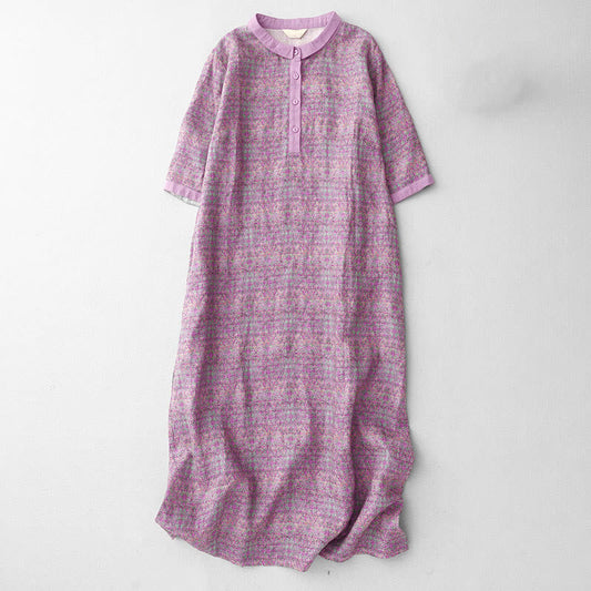 Buddha Stones Commute Printing Floral Pattern Short Sleeve Cotton Linen Midi Dress With Pockets