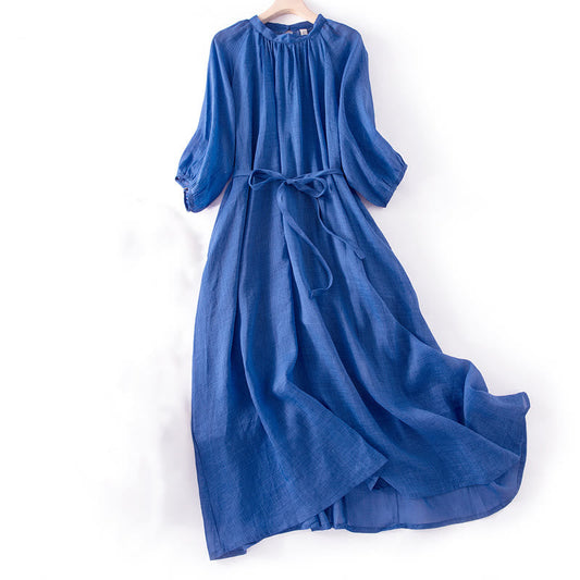 Buddha Stones Plain Drawstring Three Quarter Puff Sleeve Cotton Linen Midi Dress With Pockets