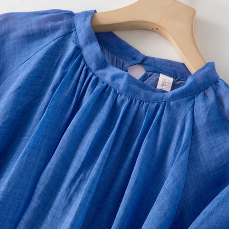 Buddha Stones Plain Drawstring Three Quarter Puff Sleeve Cotton Linen Midi Dress With Pockets