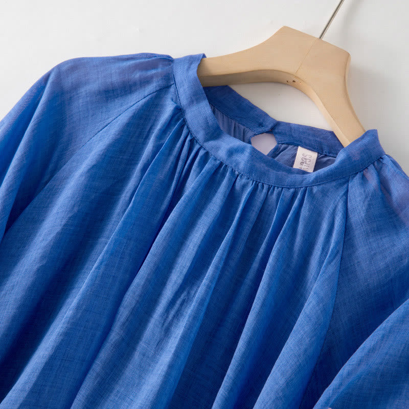Buddha Stones Plain Drawstring Three Quarter Puff Sleeve Cotton Linen Midi Dress With Pockets