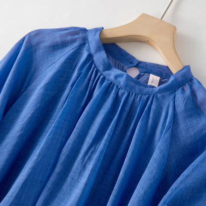 Buddha Stones Plain Drawstring Three Quarter Puff Sleeve Cotton Linen Midi Dress With Pockets