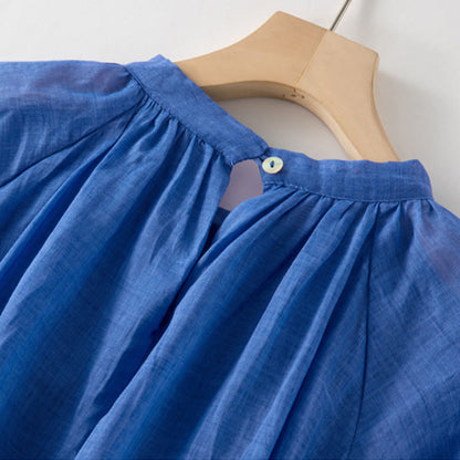 Buddha Stones Plain Drawstring Three Quarter Puff Sleeve Cotton Linen Midi Dress With Pockets