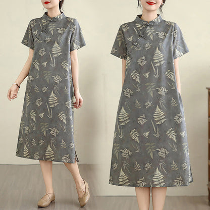 Buddha Stones Retro DarkGray Chinese Frog-Button Cotton Cheongsam Midi Dress With Pockets