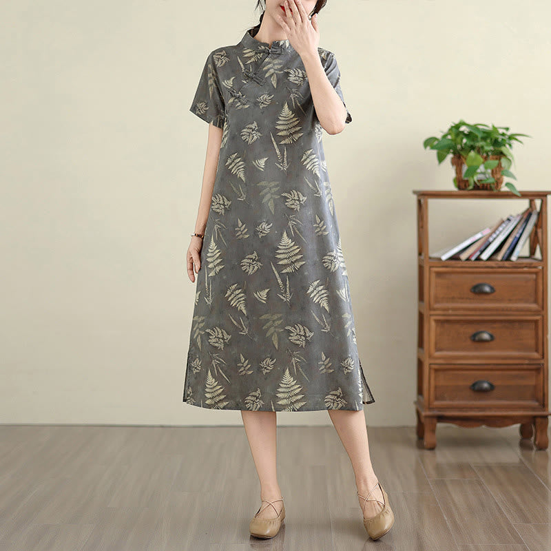 Buddha Stones Retro DarkGray Chinese Frog-Button Cotton Cheongsam Midi Dress With Pockets