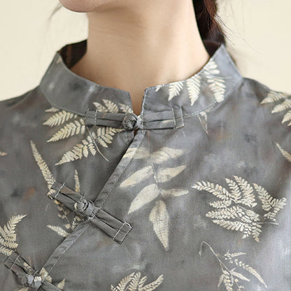 Buddha Stones Retro DarkGray Chinese Frog-Button Cotton Cheongsam Midi Dress With Pockets