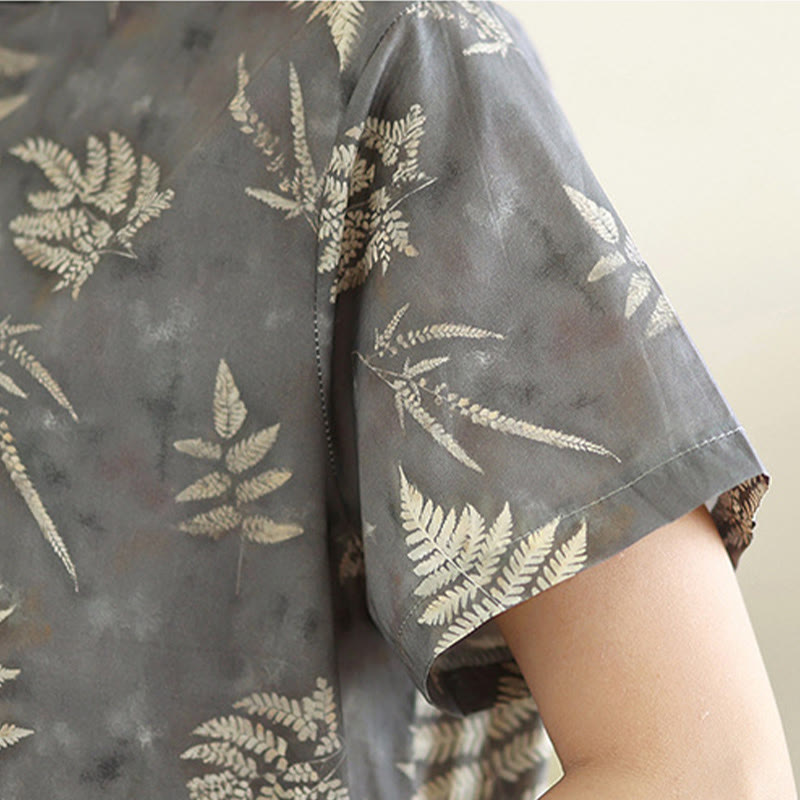 Buddha Stones Retro DarkGray Chinese Frog-Button Cotton Cheongsam Midi Dress With Pockets