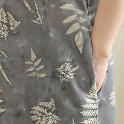 Buddha Stones Retro DarkGray Chinese Frog-Button Cotton Cheongsam Midi Dress With Pockets