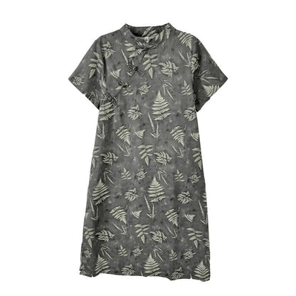 Buddha Stones Retro DarkGray Chinese Frog-Button Cotton Cheongsam Midi Dress With Pockets