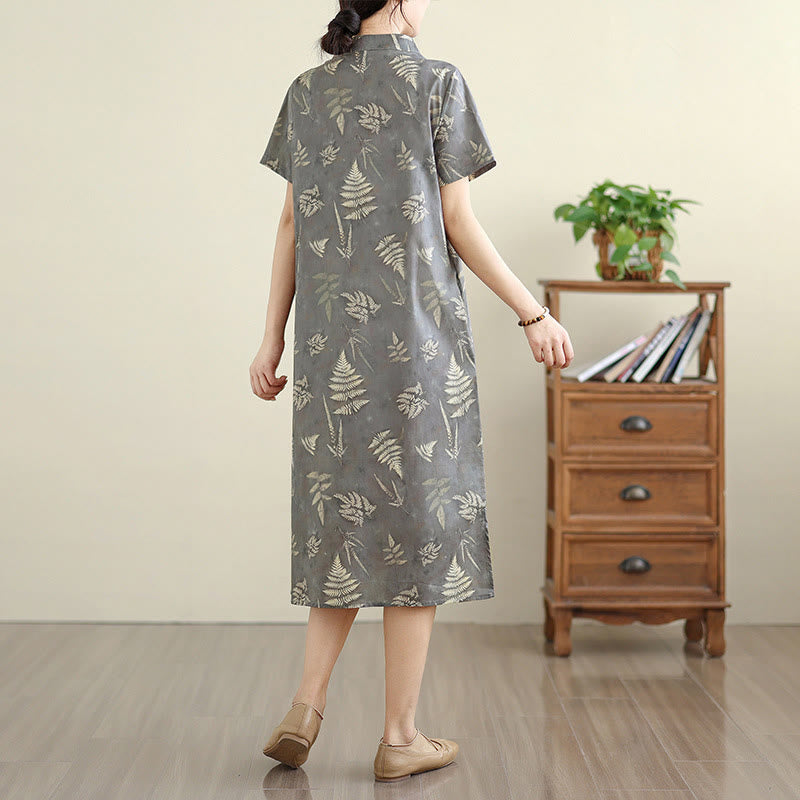 Buddha Stones Retro DarkGray Chinese Frog-Button Cotton Cheongsam Midi Dress With Pockets